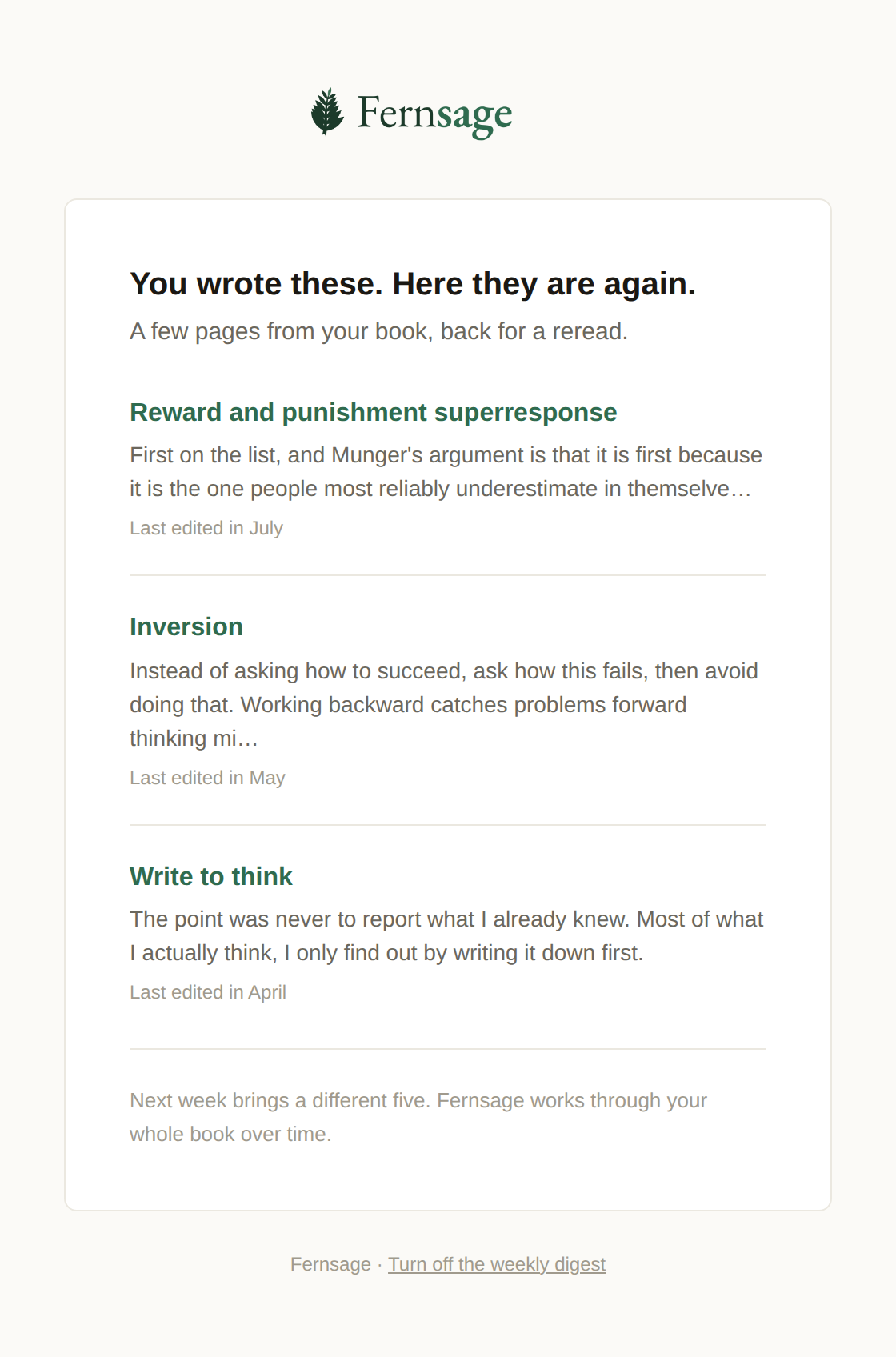 The Fernsage weekly digest email, showing three resurfaced pages with their opening lines and when each was last edited.