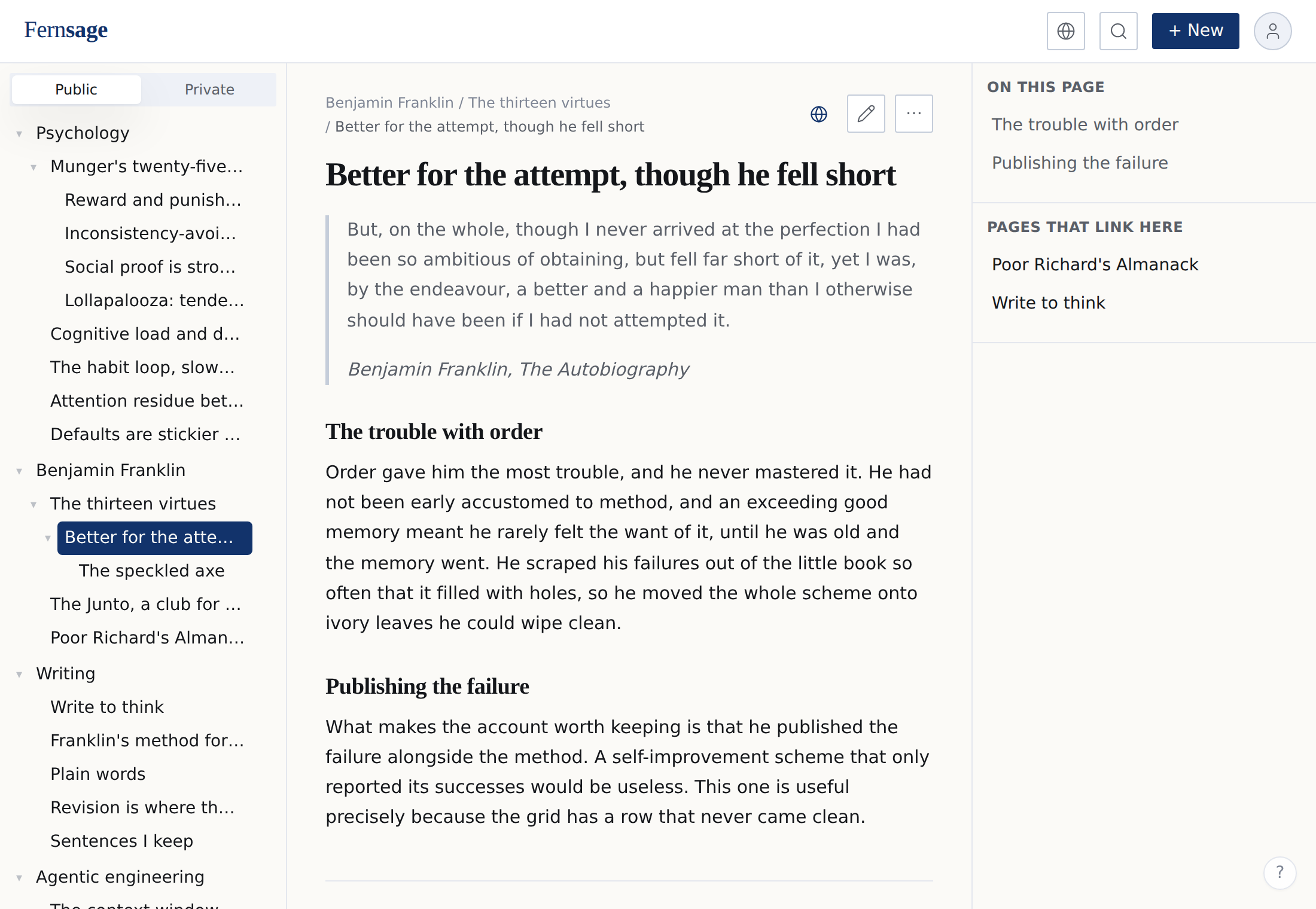 A Fernsage page: the topic tree on the left, and a copied-out passage with its attribution followed by the reader's own commentary.