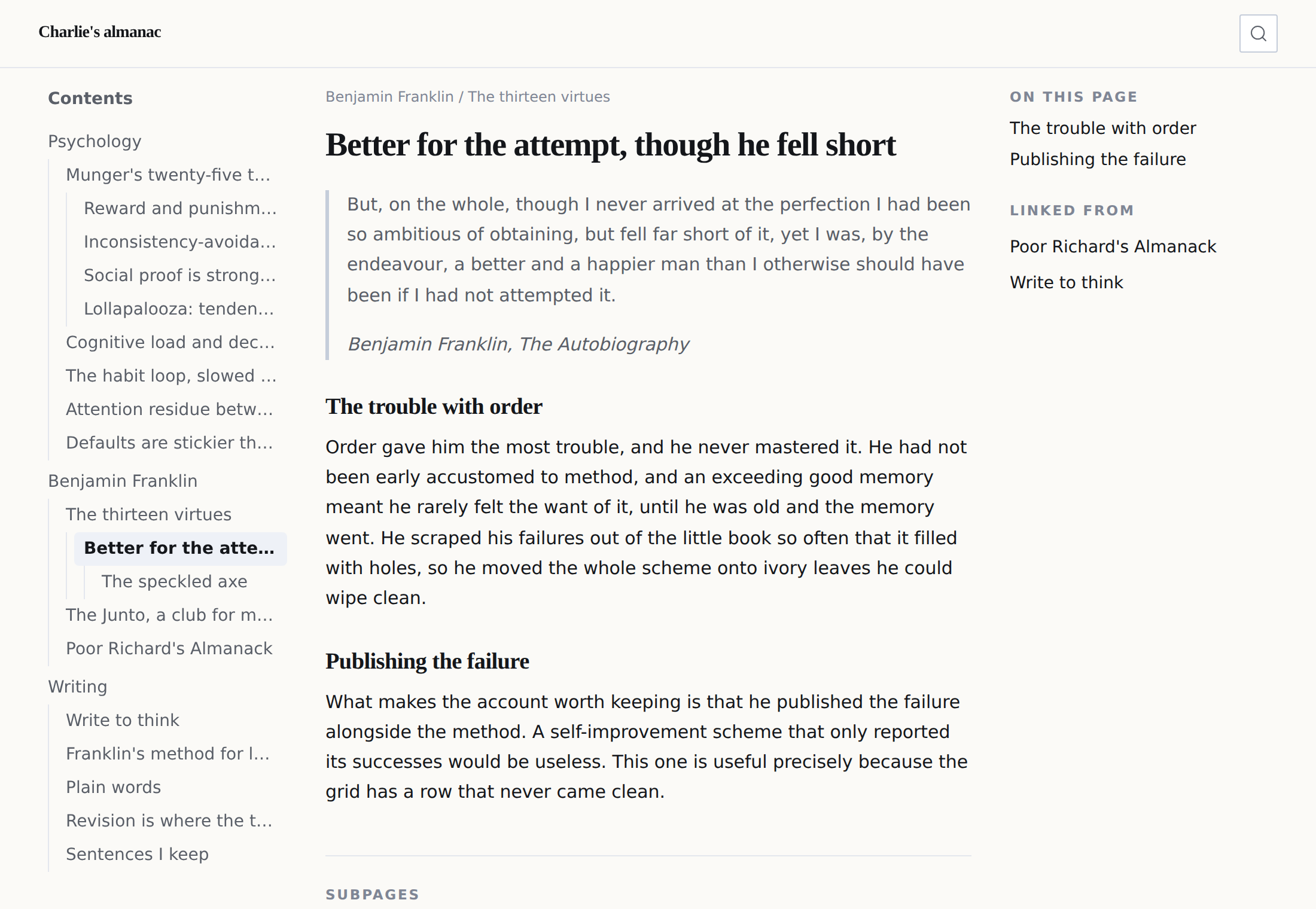The same entry published: a reader's view of the site, with the topic tree on the left and the passage on the right, no editor chrome.